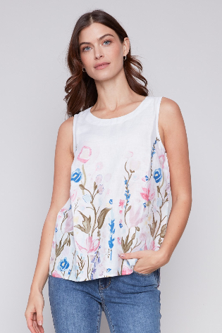 BEAUTIFUL FLORAL PRINTED LINEN SLEEVELESS TOP
