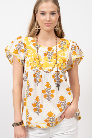 ADORABLE EMBROIDERY DETAILED FLORAL PRINT FLUTTER SLEEVE TOP