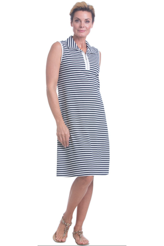 STRIPED 1/4 ZIP COLLARED SLEEVESS KNIT DRESS