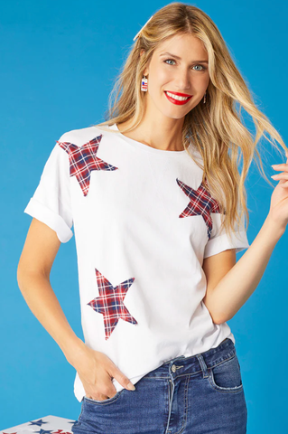 CUTE PLAID STAR PATCHWORK SS KNIT TEE