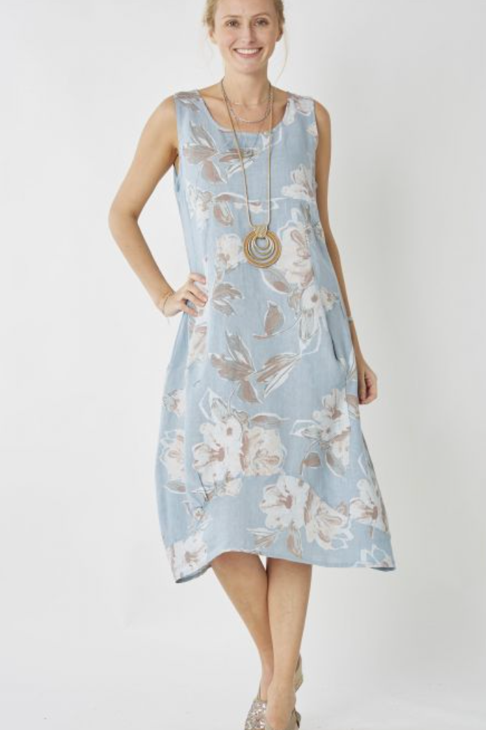FLORAL PRINTED LINEN POCKETED SLEEVELESS DRESS