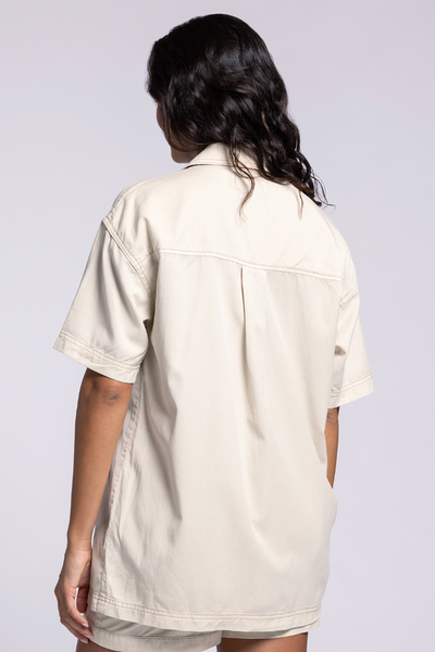 COLLARED SS MINERAL WASH BUTTON DOWN AVA TOP