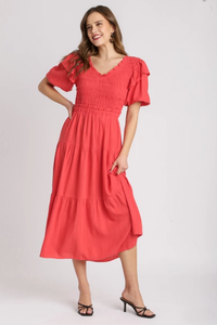 SOLID LINEN BLEND SMOCKED V-NECK MIDI DRESS