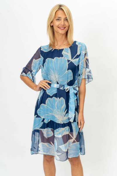 BEAUTIFUL FLORAL PRINT SHEER FLUTTER SLEEVE DRESS