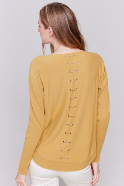 SOLID PLUSHY SWEATER W/RIBBED SLEEVES & LACE UP BACK