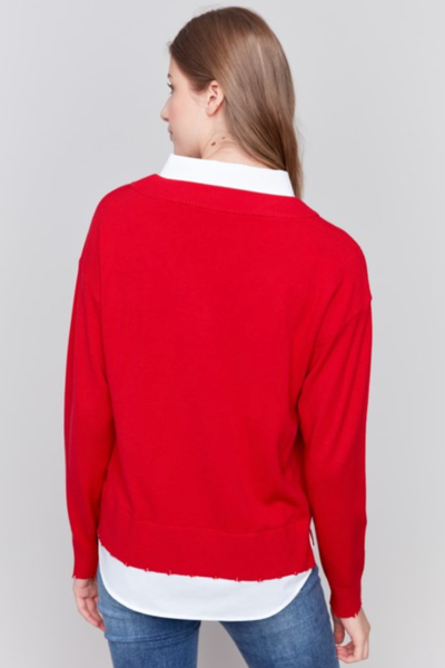 TWO-FER SOLID SWEATER W/INSET COLLARED SHIRT