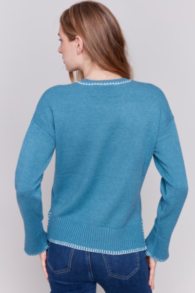 SOLID PLUSHY KNIT SWEATER W/WHIPSTITCH DETAIL