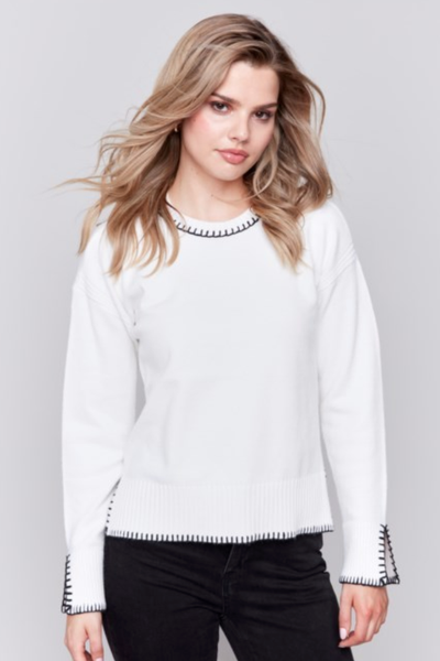 SOLID PLUSHY KNIT SWEATER W/WHIPSTITCH DETAIL