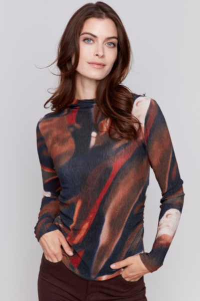 GORGEOUS PRINT TEXTURED MOCK NECK TOP