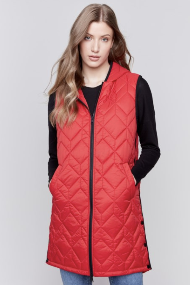 BEAUTIFUL QUILTED LONG PUFFER VEST W/CONTRAST SEAM