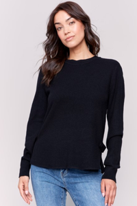 SOLID ROUND HEM SWEATER W/SIDE TAB & BUTTON DETAIL