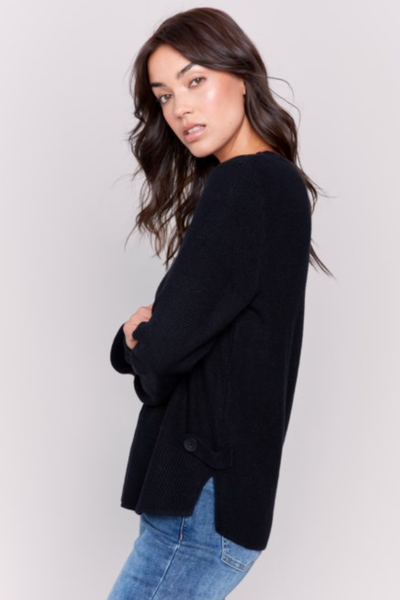 SOLID ROUND HEM SWEATER W/SIDE TAB & BUTTON DETAIL