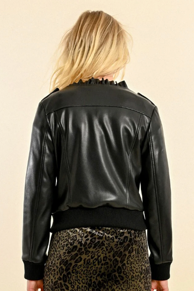 FAUX LEATHER JACKET W/KNIT BAND & RUFFLE DETAIL