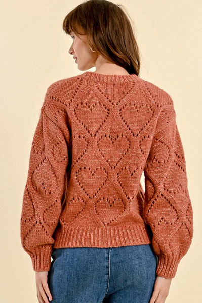 SUPER SOFT HEART POINTELLE KNIT & LUREX SWEATER