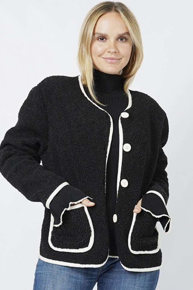 COZY POCKETED TEDDY FUR CARDIGAN W/CONTRAST TRIM DETAILING