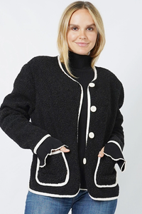 COZY POCKETED TEDDY FUR CARDIGAN W/CONTRAST TRIM DETAILING