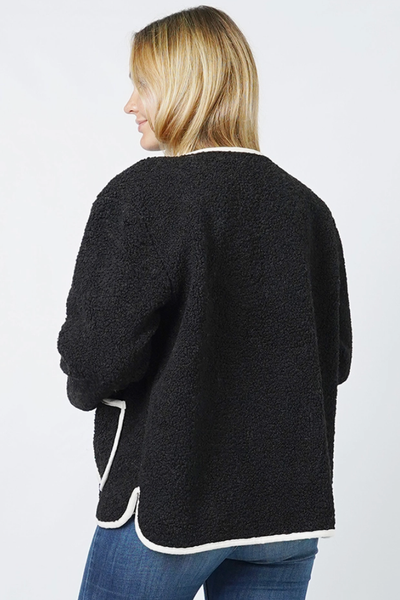 COZY POCKETED TEDDY FUR CARDIGAN W/CONTRAST TRIM DETAILING