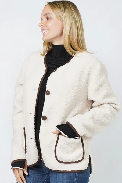 COZY POCKETED TEDDY FUR CARDIGAN W/CONTRAST TRIM DETAILING