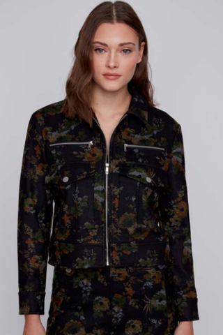 GORGEOUS CONTRAST FLORAL PRINT ZIP UP BLAZER