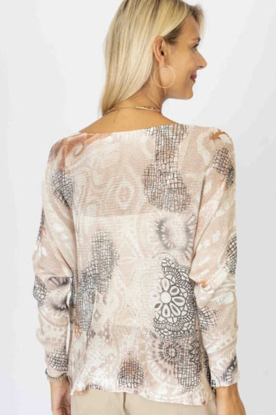 MANDARIN PRINT LIGHTWEIGHT MESH BATWING SWEATER TOP