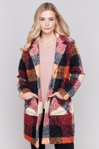 SOFT BOUCLE KNIT MULTI PLAID BUTTON DOWN COAT