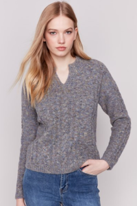 BEAUTIFUL SPECKLED YARN NOTCH NECK CABLE KNIT SWEATER