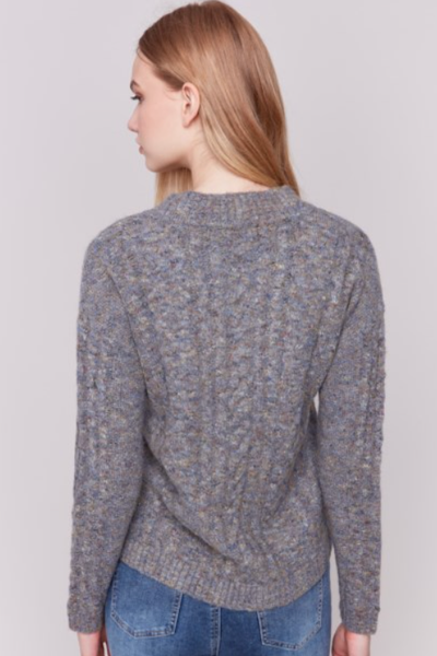 BEAUTIFUL SPECKLED YARN NOTCH NECK CABLE KNIT SWEATER