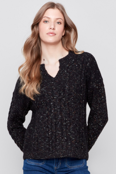 BEAUTIFUL SPECKLED YARN NOTCH NECK CABLE KNIT SWEATER