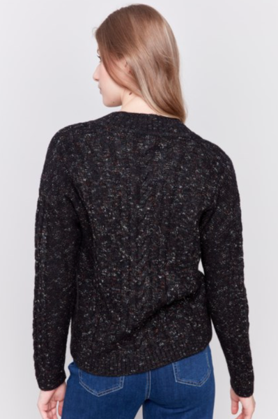 BEAUTIFUL SPECKLED YARN NOTCH NECK CABLE KNIT SWEATER