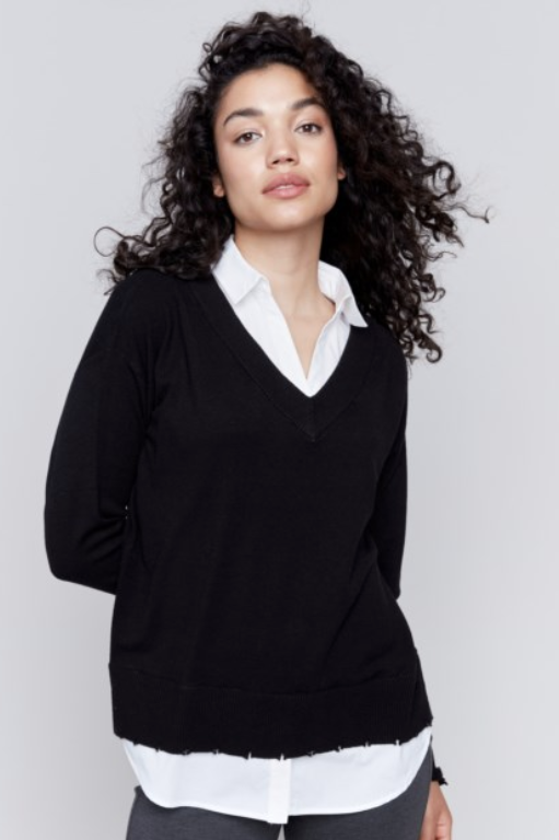 TWO-FER SOLID SWEATER W/INSET COLLARED SHIRT