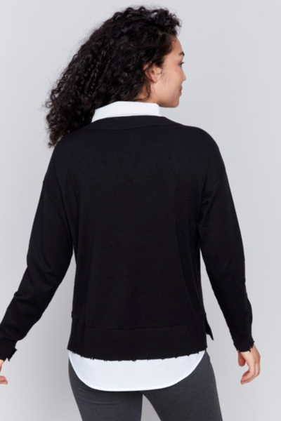 TWO-FER SOLID SWEATER W/INSET COLLARED SHIRT