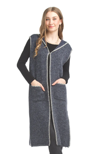 LONG HEATHERED KNIT CARDIGAN W/BLANKET STITCH DETAIL