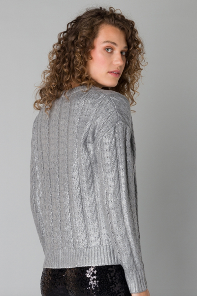 STUNNING SILVER COATED CABLE KNIT SWEATER