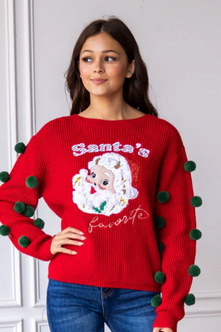 FESTIVE SANTA'S FAVORITE KNIT SWEATER W/POMS