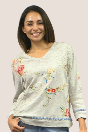 BEAUTIFUL JOYA EMBROIDERY DETAILED V-NECK SWEATSHIRT