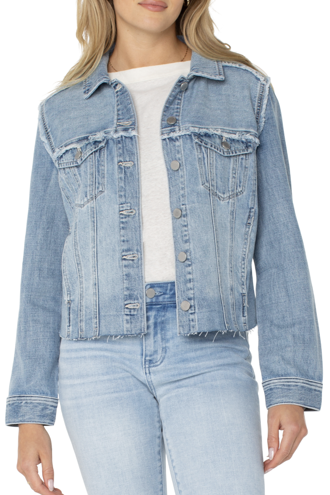 COMFORT STRETCH LT WASH FRAYED DENIM JACKET