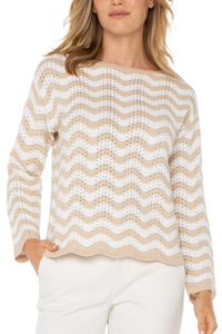 SWEET WAVE PATTERN SCALLOP HEM BOAT NECK KNIT SWEATER