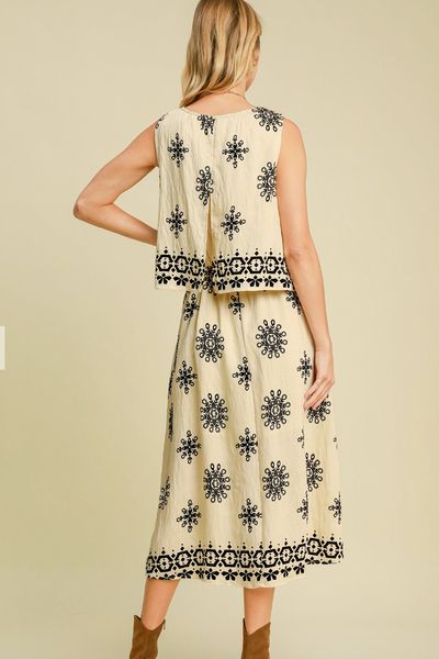 CUTE BORDER PRINT DOUBLE LAYERED MIDI DRESS