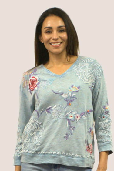 BEAUTIFUL JOYA EMBROIDERY DETAILED V-NECK SWEATSHIRT