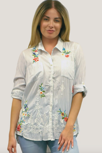 BEAUTIFUL EMBROIDERED MIKI STRIPED BUTTON FRONT SHIRT