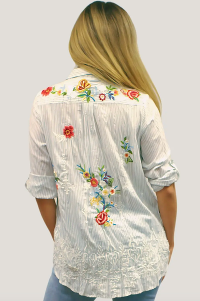BEAUTIFUL EMBROIDERED MIKI STRIPED BUTTON FRONT SHIRT