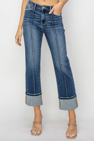HIGH RISE STRAIGHT JEANS W/FRONT PIN TUCK DETAIL