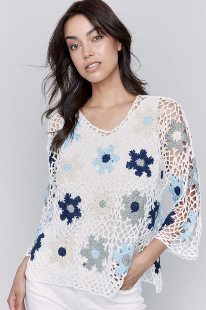 GORGEOUS HAND CROCHETED FLORAL FISHNET TOP