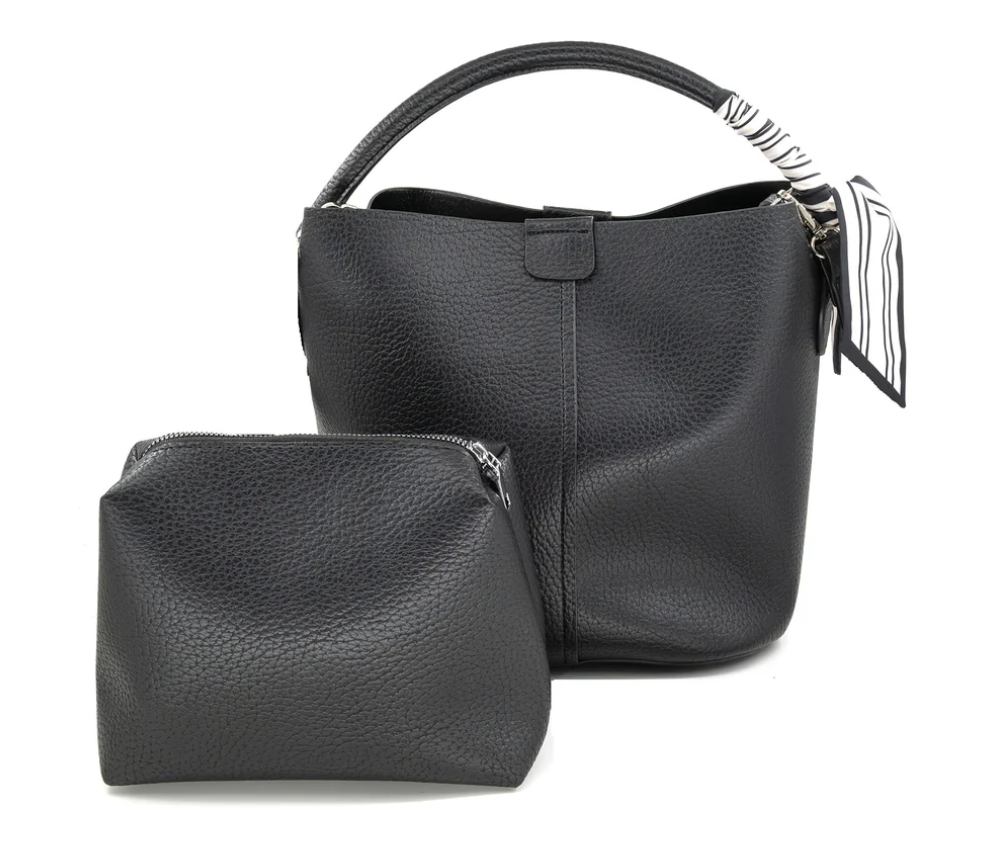 SOFT VEGAN LEATHER 2-FER BUCKET BAG W/HANDLE SCARF