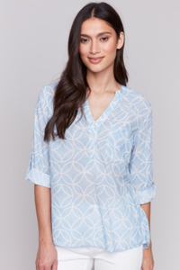 BEAUTIFUL PRINTED MAO COLLARED HALF BUTTON BLOUSE