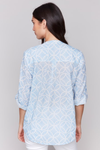 BEAUTIFUL PRINTED MAO COLLARED HALF BUTTON BLOUSE