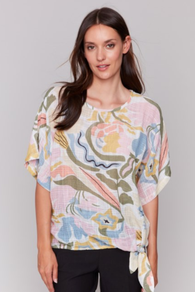 PRINTED COTTON GAUZE DOLMAN SLEEVE TOP W/SIDE TIE