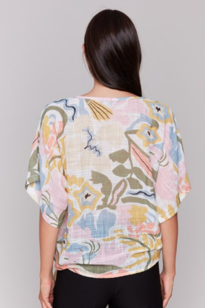 PRINTED COTTON GAUZE DOLMAN SLEEVE TOP W/SIDE TIE