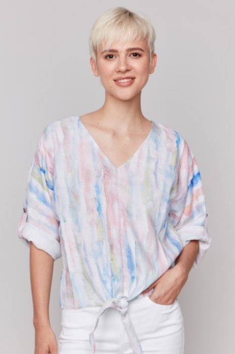 BEAUTIFUL WATER COLOR PRINTED 3/4 SLEEVE TOP W/FRONT TIE