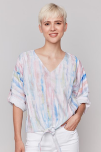 BEAUTIFUL WATER COLOR PRINTED 3/4 SLEEVE TOP W/FRONT TIE